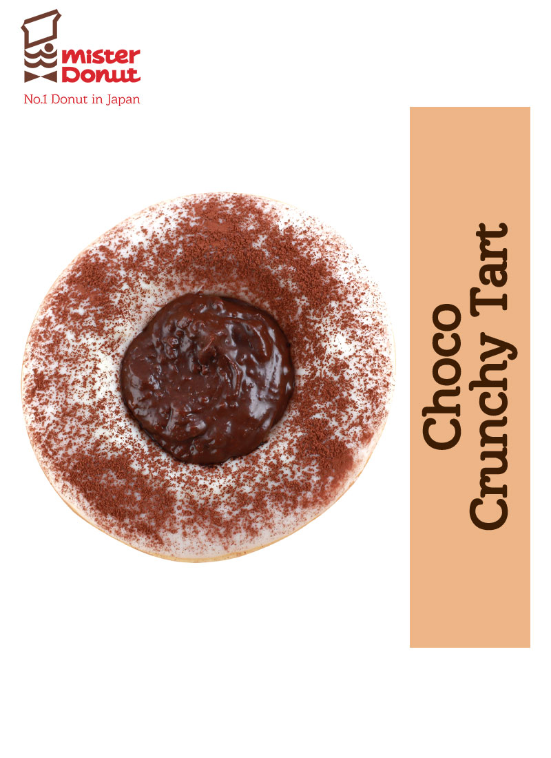 Donut bentuk tart dengan topping coklat putih dan coklat custard crunchy diatasnya